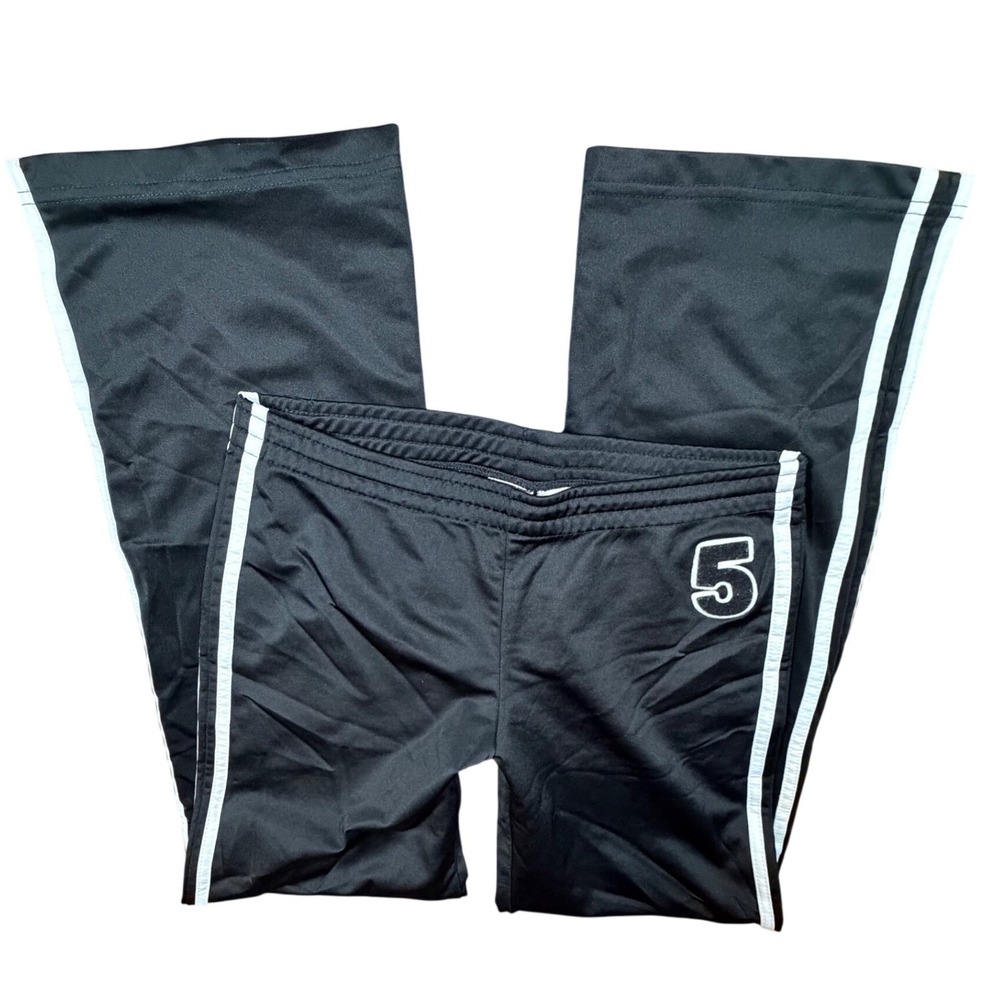 Y2K Workout Low Rise Flare Black Track Pants White Side Stripe Number 5 Patch S